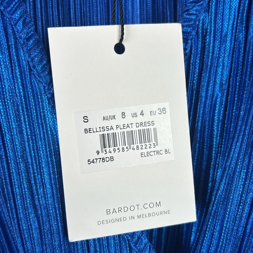NEW nwt Bardot Bellissa Pleated Faux Wrap Mini Dress Vibrant Blue Metallic - Picture 6 of 8